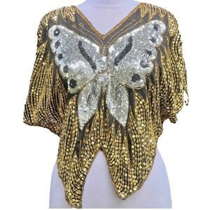 Vintage 70s 100% Silk Gold Sequin Butterfly Shirt One Size